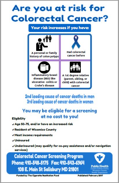 Are you at risk for Colorectal Cancer? Your risk increases if you have: a personal or family history of colon polyps; had colorectal cancer before; inflammatory bowel disease (IBD) like ulcerative colitis or Crohn's Disease; or a 1st degree relative (like a parent, sibling, or child) with colorectal cancer.  You may be eligible for a screening at no cost to you! Eligibility requirements: age 50-75 and/or have an increased risk; resident of Wicomico County; meet income requirements; uninsured; underinsured (may qualify for co-pay assistance and/or navigation services). Call 410-548-5175 for more info. 