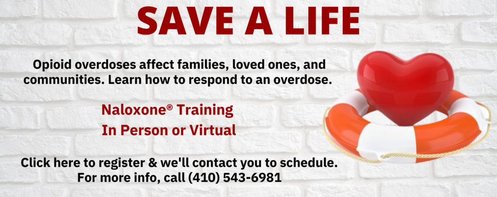 Free Narcan training. Click here to register & we'll contact you to schedule! for more info call 410-543-6981