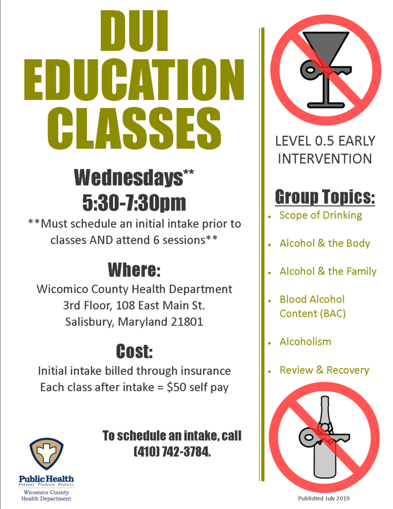 The DUI Education program is designed for individuals who currently meet the American Society of Addiction Medicine (ASAM) placement criteria for Level .5 care DUI Education, which will be provided for 12 hours, with groups 2 hours each. The DUI Education program is designed to be a minimum of 6 weeks for completion. DUI classes will be offered Wednesday evenings beginning August 14, 2019 from 5:30-7:30. Please call 410-742-3784 to schedule and intake and for any additional questions.