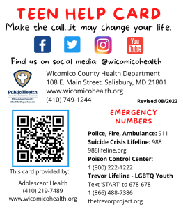 Front side of Teen Help Card available through the Adolescent Health program.